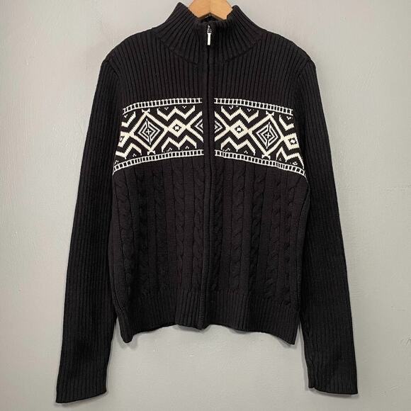 Chaps Size Large Black Chunky Nordic Zip Cable Knit Sweater Cardigan Fisherman - Picture 1 of 9